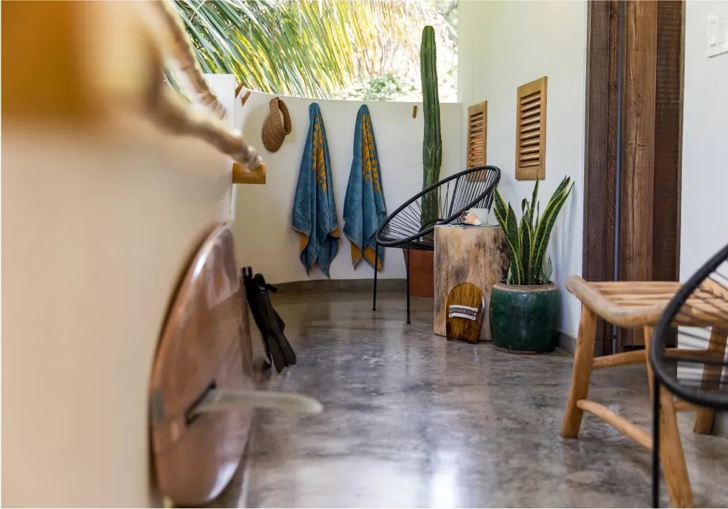 A private outdoor shower and patio